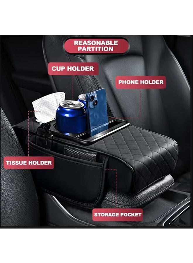 بكومور غطاء وسادة مسند ذراع السيارة متعدد الاستخدامات مع وحدة تحكم مركزية، مصنوع من جلد البولي يوريثان المقاوم للماء، مزود بحامل أكواب، وفتحة للهاتف، وعلبة مناديل، ومنظم داخلي متعدد الوظائف لسيارات الدفع الرباعي والسيدان. - Image 2